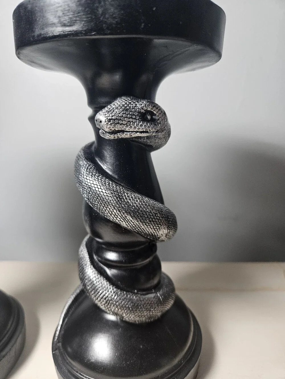 Gothic Black & Silver Snake Candlestick Holders - Set of 2 Coiled Serpent Decor